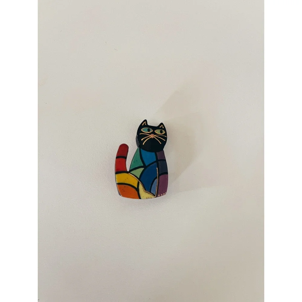 Sean Brown Signed Ceramic Cat Pin Brooch Handmade Artist Modern Rainbow
